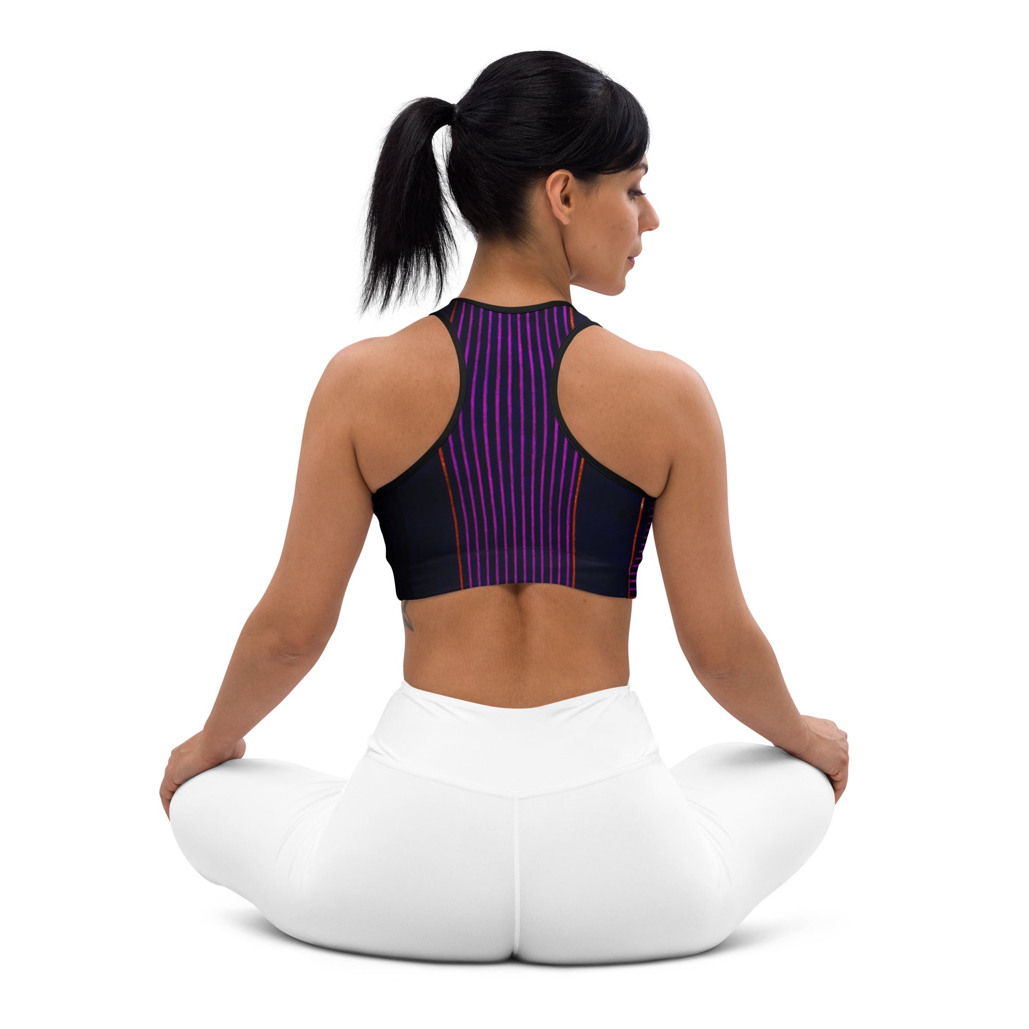 Sports Bra. Black Gym Fitness Top. Purple Stripes Dance top. Yoga Top or Training Bra. Peppermint by WickedYo.